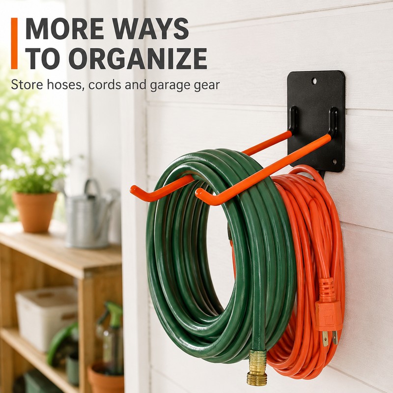 Double-Prong Wall-Mounted Garage Tool Hook for Shovels & Rakes, Black