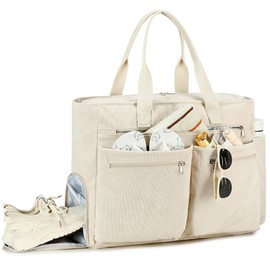 Makukke XXL Beach Bag, Large Beach Bag with Shoe Compartment, Cord/Nylon Weekender Women's Foldable Ultralight Swimming Bag with Zip for Holiday, Travel, Gym, Picnic, Beige corduroy, XXL, Contemporary