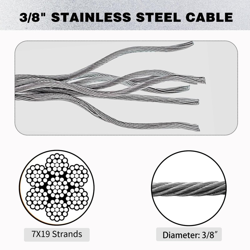 LAKNUAL 3/8" Stainless Steel Wire Rope, 304 Stainless Steel Cable