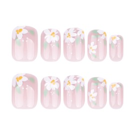 Short Square Press on Nails for Women Fake Nails Nude False Nails With Flower Design Glue On Nails Full Cover Acrylic Artificial Nails Glossy Floral Stick On 24 Pcs (Pink-4, P-4)