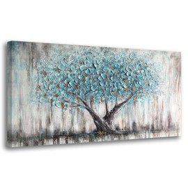 Arjun Tree Wall Art Canvas for Living Room Blue Tree of Life Nature Teal Abstract Textured Painting Picture Modern Panoramic Landscape Artwork Framed Bedroom Home Office Decor, Large Size 40"x20"
