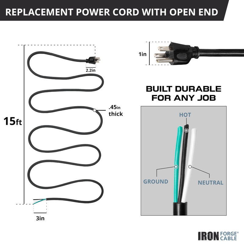 Iron Forge Cable 12 Gauge Power Cord Replacement - 15ft,15
