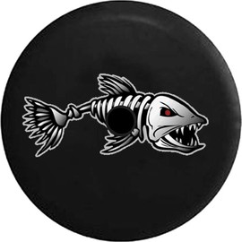 Funny Spare Tire Wheel Cover for Camper SUV Trailer Truck RV JP Thick PVC Leather | Bone Fish Red Eyes Fishing Black 32 Inch with Backup Camera Hole