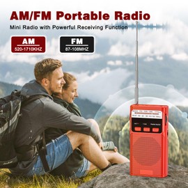 Portable Radio AM FM, Goodes Transistor Radio with Best Reception, MP3 Player, TF Card Jack, Rechargeable Battery Operated, Flashlight, Back Clip, Headphone Jack, Suitable for Jogging/Camping Use-Red