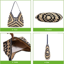 Straw Hobo Bags for Women,Large Woven Tote Bag Summer Crochet Shoulder Bag,Vintage Beach Bag Foldable Handbag for Vacation (Black)