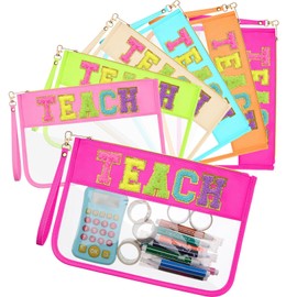 Kacctyen 6 Pcs Teach Bags Chenille Letter Clear Zipper Makeup Bags Teacher Appreciation Gifts Cosmetic Travel Toiletry Pouch with Handle Gift for Teacher Graduation Retirement Women (Multicolor,teach)