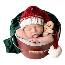 Zeroest Newborn Photography Santa Hat Newborn Christmas Photo Prop Knit Stripe Cap Infant Baby Photoshoot Elf Outfits Boy Girl (Red-02)