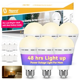 Neporal LITE Emergency Rechargeable Light Bulbs E26, Light Up to 48 hrs, Battery Operated Light Bulb, A19 LED Bulb, Emergency Lights for Home Power Failure (6, Soft White, 12, Watts)