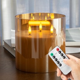 AFINETH Extra Large Flameless Candles with 3 Wicks, 6"x6" Glass Battery Operated Candles with Remote, Real Wax Flickering LED Candles Fake Candle for Home, Wedding, Party, Glod