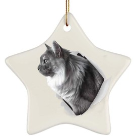Funny Maine Coon Cat Gray Coming Out of Cracked Wall Gifts 2024 Christmas Tree Ornaments Ceramic Star
