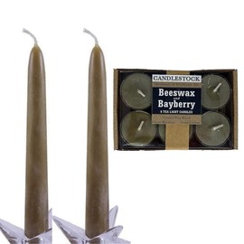 All Natural and Pure Bayberry and Beeswax Candles, 8 inch Tapers and 6 Tea Lights Bundle, Handmade