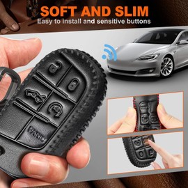 Slohif Leather Key Fob Cover Accessories for Jeep for Grand Cherokee Renegade Chrysler 200 300 Dodge RAM Durango Challenger Journey Dart Fiat 5 Buttons, Leather Case+D-Ring+Hook(Black)