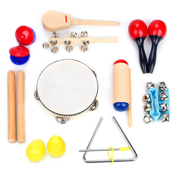 Boxiki kids Musical Instrument Set 16 PCS | Rhythm & Music Education Toys for Kids | Clave Sticks, Shakers, Tambourine, Wrist Bells & Maracas for Kids | Natural Toys with Carrying Case