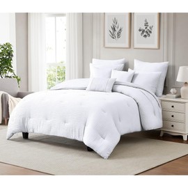 8-Piece Casual Style Pintuck Design Fluffy Comforter Set Queen Size | Modern Contemporary Farmhouse-Inspired Charm Luxury Bedding Sets | Pretty Gorgeous Pure White Color Glam Plush Soft Smooth Comfy