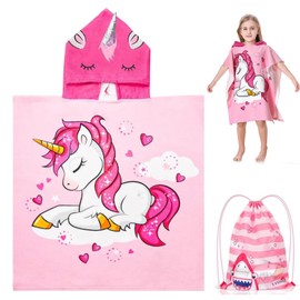 Kids Beach Towel Unicorn Hooded Towel 110x75cm Soft Absorbent Microfiber Cotton Poncho Style with Adjustable Buttons for Girls Bath Pool Swimming Lessons Beach Travel Cute Comfortable
