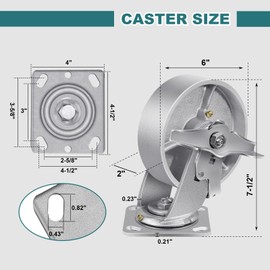 6" X 2" Industrial Casters - Heavy Duty Casters, 4800 Lbs Capacity, Set of 4 (Solid Cast Iron Wheels), for Pallet Trucks, Workbenches, Toolboxes(4 Brake)
