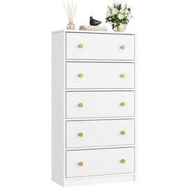 Nicehill White Dresser for Bedroom with 5 Drawers Wooden Dresser Storage Tower, Chest of Drawers for Closet, Living Room, Hallway, Entryway, Fabric Drawer (White)
