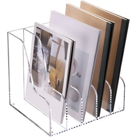 SANRUI Acrylic File Organizer, Compact Desk Organizer for Folders, Binders, Notebooks, Envelopes, Clear Magazine File Holder, 5 Section Bookshelf for School Home Office Organization, A4