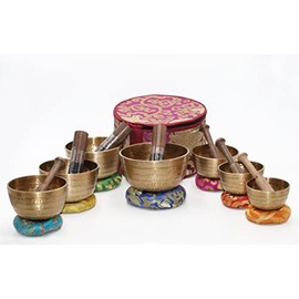 Tibetan High Sided Singing Bowl Set in a Purple Carry Box for Meditation, Yoga, Relaxation ( 7 Sets with diameter ranging 3" - 5" )