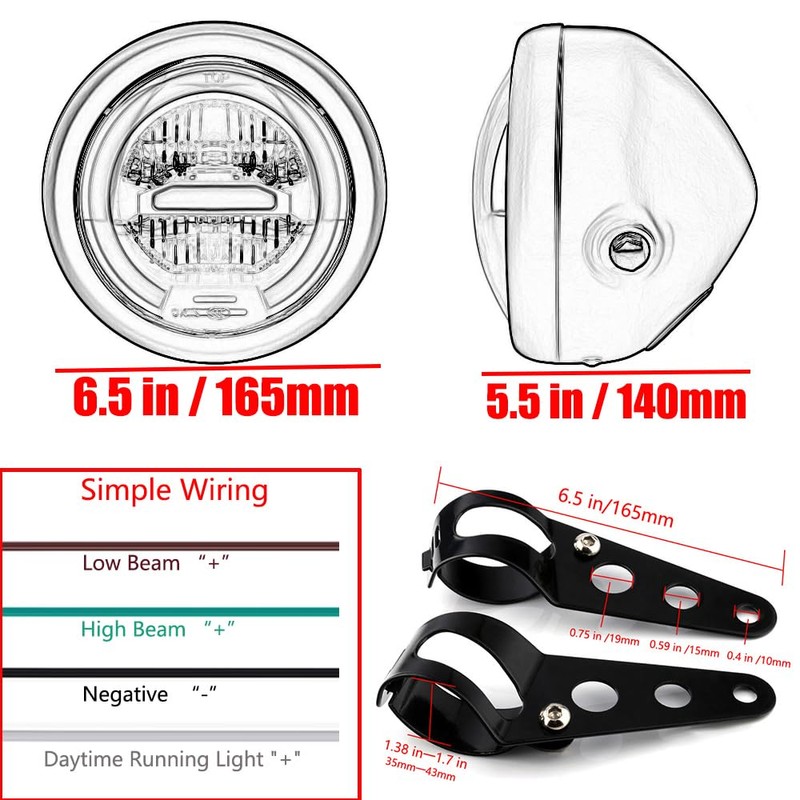 kucehiup 6.5 Inches Round Motorcycle LED Headlight with Brackets Assembly