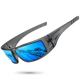 Ofwin Polarized Sports Sunglasses for Men Women Unbreakable Frame Cycling Fishing Wrap Around Sunglasses UV400 Protection Clear Gray Frame/Blue Mirror Lens