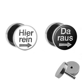 Treuheld Set – Hier REIN DA Raus – Funny Stud Earrings for Screwing with Saying (Fake Plugs) – Diameter 10 mm – 2 Colours: Black & White – Silver – Funny Earrings Surgical Steel for Men and Women