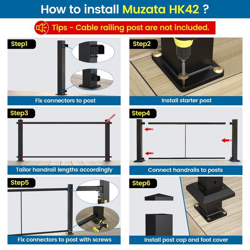 Muzata 6'6" Aluminum Handrail Kit Black Cable Railing System Work