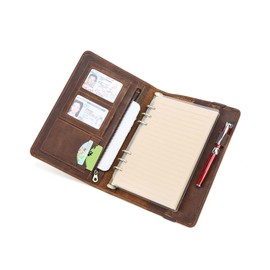 Hiram Cuaderno de Cuero Genuino A5 Carpeta de 6 Anillas con Bolsillo Cremallera, Cuaderno Diario Recargable Libreta Vintage con Separador, Papeles, Ranuras para Tarjetas, Fotos y Bolígrafo