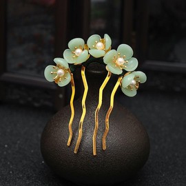 2pcs Jade Flower Hair Pin, Chinese Hair Stick Jade Hairpin, Retro Chignon Pin Traditional Classical Flower Hair Chopstick Hair Styling Accessories for Women, Green