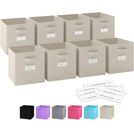 11 Inch Storage Cubes (Set Of 8) Storage Baskets | Features Dual Handles & 10 Label Window Cards | Cube Storage Bins | Foldable Fabric Closet Shelf Organizer | Drawer Organizers And Storage (Beige)