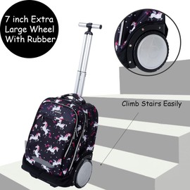 King Mills 18in Roller Backpack, Rolling Bookbag w. 7in Extra Large Wheel. Easy Convert Between Roller and Backpack. Ideal for Daily Use or Travel. Black Unicorn