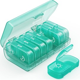 AUVON Pill Box Organiser, XL Weekly Pill Box 7 Day 2 Times a Day with One-Side Large Opening Design for Easy Filling, Tablet Organiser with Cyan Privacy Protection for Medication/Vitamins/Fish Oils