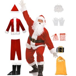 AMHSCOCA Santa Costume Christmas 9Pcs Santa Claus Costumes for Men with Beard Hat Boots Gloves Santa Suit Set (9Pcs red2)