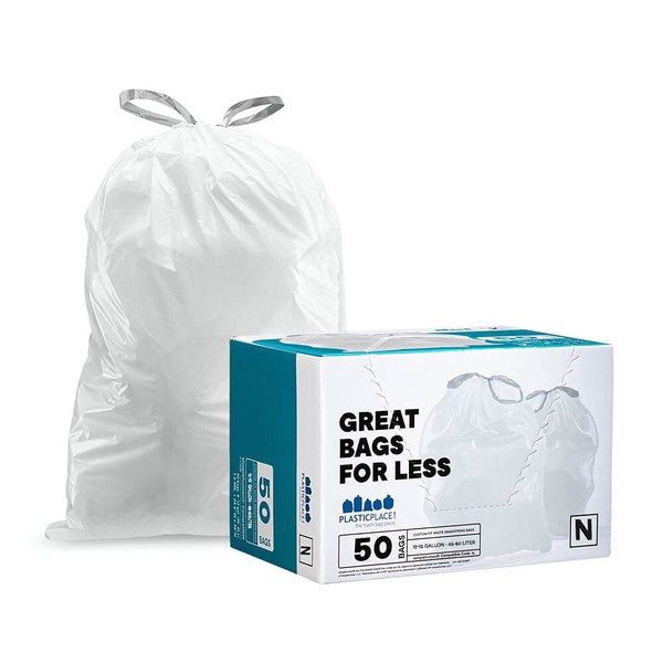Plasticplace simplehuman (x) Code N Compatible Drawstring Garbage Liners 12-13 Gallon / 45-50 Liter │ 22.75" x 31.5", 50 Count, White