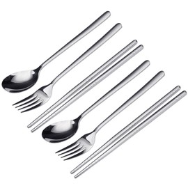 FOXAS 6-Pieces Flatware Set, Stainless Steel Cutlery Set of Fork Spoon Chopsticks, 2 Pair Korean Table Forks Soup Spoons Chopsticks for Restaurant, Home, Travel