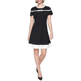 Karl Lagerfeld Paris Women's Bow Detail Short Sleeve Recycled Scuba Crepe A Line Dress, Black Soft White