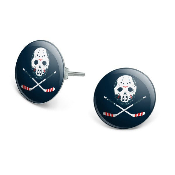 Hockey Mask Skull Crossbones Stick Novelty Silver Plated Stud Earrings