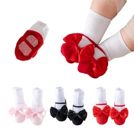 Yeshsore Baby Girls Socks with Grips and Bow, Toddler Non-Slip Cotton Floor Ankle Socks for Infant Toddlers and Kids (US, Age, 1 Year, 3 Years, Black,Red,Pink)