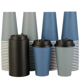 LITOPAK 100 Pack 16 oz Disposable Paper Coffee Cups with Lids for Coffee, Water, Juice, or Tea, Blue and Gray Hot Paper Cups for Home, Restaurant, Store, and Cafe