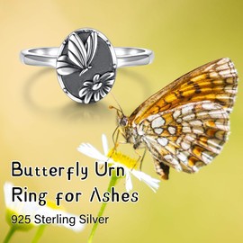 Dragonfly Urn Ring for Ashes - 925 Sterling Silver Lotus Cremation Rings Open Oval Jewelry Animal Memorial Keepsake Gifts for Women with W/Funnel Filler Tool (Butterfly Urn Ring)