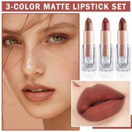 IONSGAKO 3PCS Matte Nude Lipstick Set Velvet Lip Gloss Non-Fading Non-Sticky Cup Nude Lipstick Matte Lip Stain Long Lasting Waterproof Lipstick for Women Girls Daily Lip Makeup - Set D