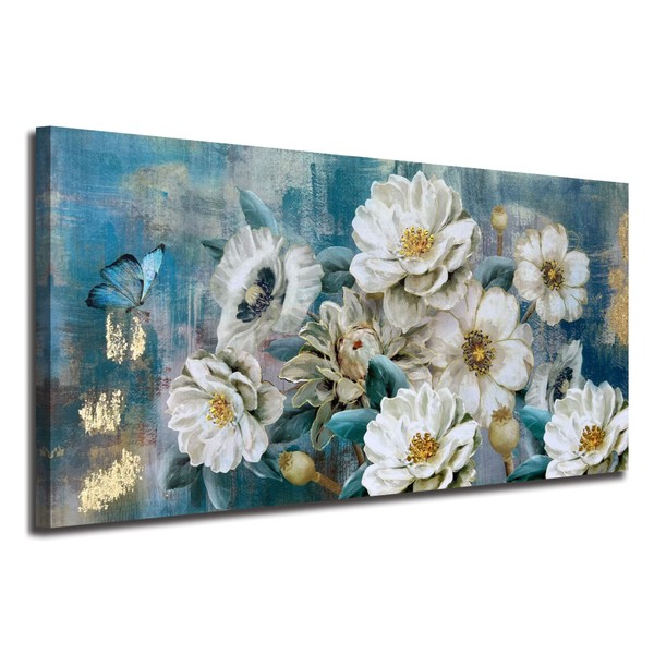 Arjun Flowers Canvas Wall Art White Elegant Modern Floral Picture Teal Gold Foil Rustic Painting Colorful Turquoise Large Artwork for Living Room Bedroom Bathroom Dining Room Home Office Decor 60"x30"