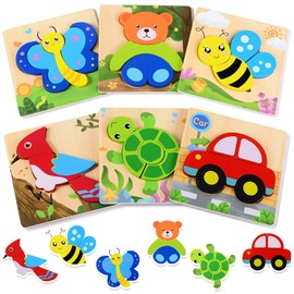 Magifire Wooden Puzzles, Set of 6 Puzzle Toys for Kids Toddlers 1–3, Baby Educational Animal Toys with Chunky Pieces & Bag for Easter - Butterfly, Bee, Woodpecker, Bear, Car, Turtle
