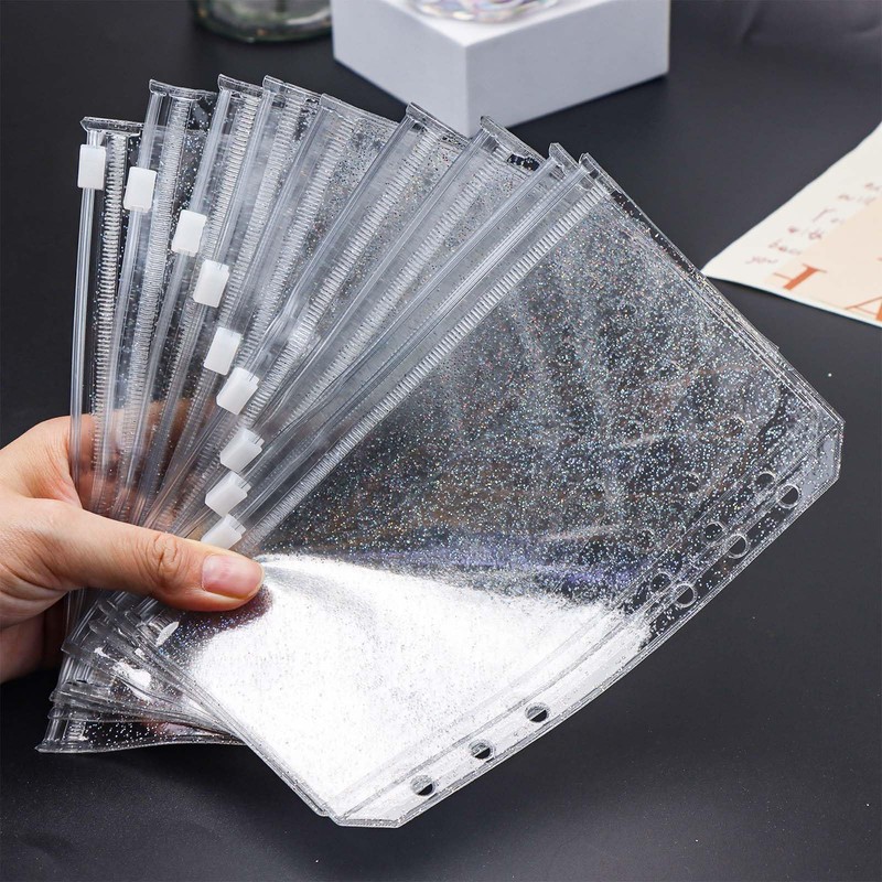 XiowDow 10pcs A6 Binder Pockets Clear Glitter Cash Stuffing Envelopes