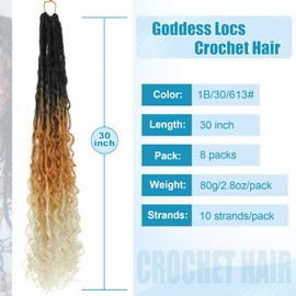 IIFLYDSFA Boho Faux Locs Crochet Hair 30 Inch 8 Packs Goddess Locs Crochet Hair with Curly Ends 3 Tone Ombre 1B/30/613# Pre-looped Bohemian River Locs Hair for Women