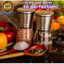 Kitchen Bliss Premium Copper Stainless Steel Salt and Pepper Grinder Set - Short Glass Shakers - Adjustable Coarseness Mills - Refillable with Himalayan Salt, Black Peppercorn - Set of 2