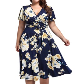kissmay Plus Size Dress Wedding Guest, Fit and Flare Midi Long Dresses with Sleeves Figure Flattering Spring Dresses 2025 Valentines Day Gifts for her Navy Blue Yellow White 24W