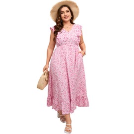 KOJOOIN Women's Plus Size Summer Dress with Pocket Ruffle Cap Sleeveless V Neck Side Split Long Beach Maxi Dress Pink Red Flower 3XL