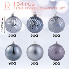 34ct Grey Christmas Ball Ornaments Shatterproof Plastic Christmas Tree Decorations for Xmas Party Home Office Holiday Decor -Medium Size (2.36"/ 60mm)