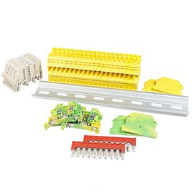 ICI Dinkle - Kit de bloque de terminales de riel DIN #1 amarillo 20 DK2.5N-YW calibre 12 AWG 20A 600V tierra DK2.5N-PE puente DSS2.5N-10P cubiertas de extremo soportes extremos